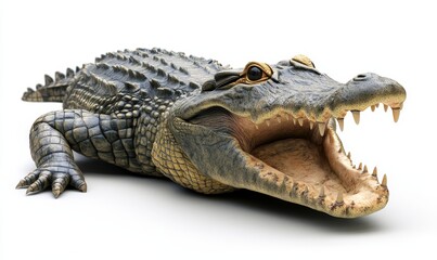 Obraz premium large crocodile with its mouth wide open, isolated on a white background, emphasizing the strength and power of the creature, Generative AI