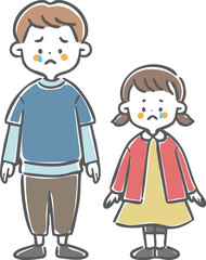 泣いている男の子と女の子のイラストセット　全身　ベクター