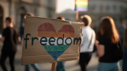 A sign that says freedom is held by a person. Protest sign with rainbow heart and “freedom” text blurred,Hungary LGBTQ+ restrictions, faint Hungarian flag colors overlay, documentary muted - Powered by Adobe