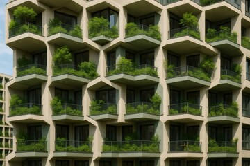 Lush greenery adorns the balconies of a modern honeycomb shaped apartment building, showcasing sustainable urban living