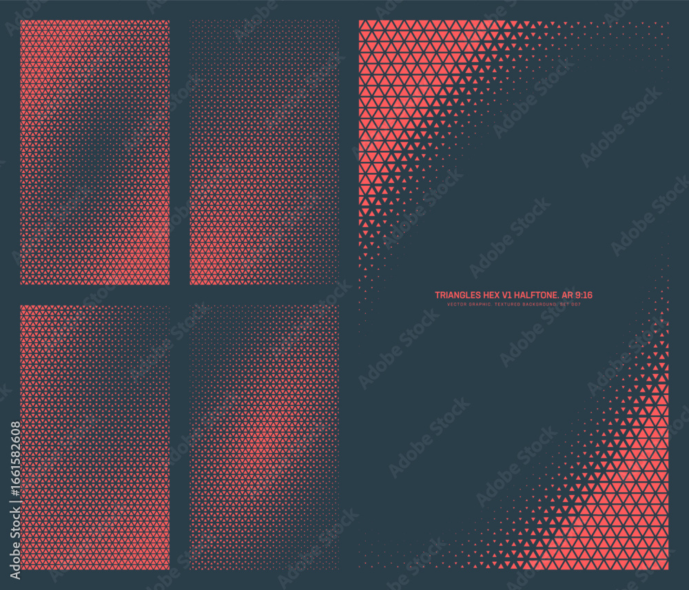 Poster assorted vector triangles hexagonal grid red black halftone pattern set in vertical 9:16 aspect rati