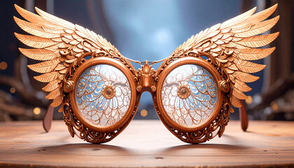 Steampunk-style fantasy glasses with ornate golden wings, combining elegance and surrealism. Ideal for cosplay, fashion photography, fantasy design, and conceptual creative projects.