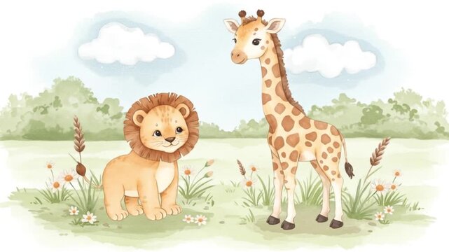 Watercolor illustration of a lion and giraffe in a grassy field landscape art