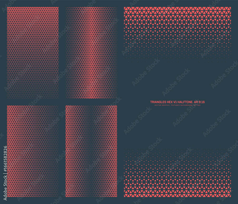 Poster assorted vector triangles hexagonal grid red black halftone pattern set in vertical 9:16 aspect rati