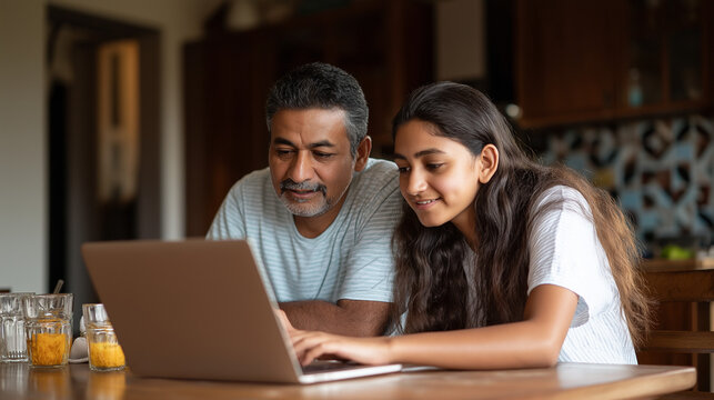Father helping daughter with online homework at home.