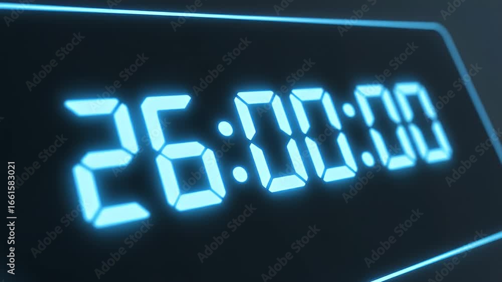 Poster A futuristic digital timer with glowing blue numbers showing twenty-six hours on a dark background.