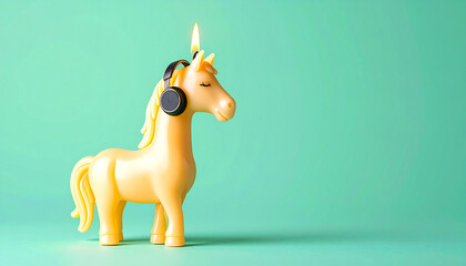 Minimalist surreal unicorn candle wearing headphones on pastel turquoise background. Modern and creative digital illustration, perfect for fantasy and futuristic concepts.
