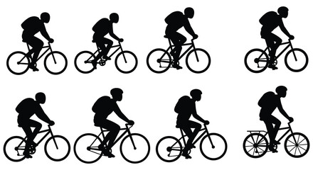 Obraz premium Silhouette of a cyclist riding a bicycle in various positions and movements