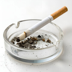 A cigarette resting in an ashtray with visible ash and smoke.
