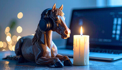 Surreal brown horse with headphones next to a glowing candle and laptop in a moody night scene. A mix of fantasy, surrealism, and modern digital art.