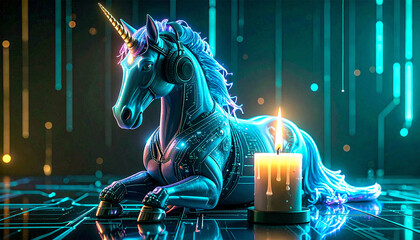 Cyberpunk unicorn with glowing mane, headphones and candle in a futuristic neon environment. Surreal, fantasy, and sci-fi inspired artwork for digital and creative projects.
