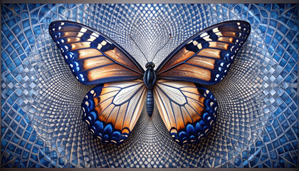 Close-up of a vibrant butterfly with orange, blue, and white wings resting on an abstract geometric background, symbolizing beauty, transformation, and digital surrealism.