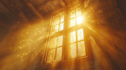 Golden sunbeams pierce a vintage window, illuminating swirling dust particles dancing within the warm, ethereal light, filling the tranquil interior space.