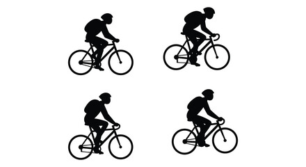 Four Silhouette Cyclists in Different Riding Positions on Bicycles