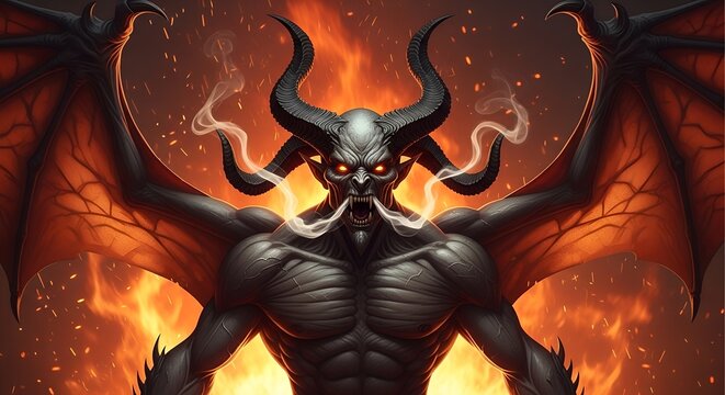 Majestic Demon Lord of the Inferno Wreathed in Smoke and Fire with Wings - Powered by Adobe