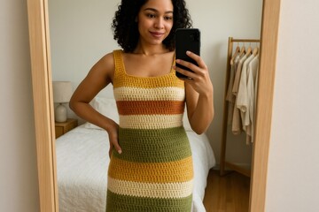 Young woman taking a selfie in the mirror wearing a colorful handmade crochet dress, showing her new creation