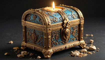 Ornate antique treasure chest in blue and gold with intricate patterns, holding a glowing candle on top, symbolizing mystery, history, and timeless luxury. Perfect for fantasy or design concepts.