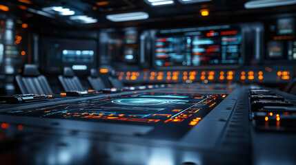 A futuristic command center with a large illuminated data table display for advanced digital operations and strategic planning.