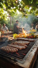 barbecue party with people enjoying grilled steaks, meat, and fire in a lively summer garden, celebrating togetherness and good food, Generative AI