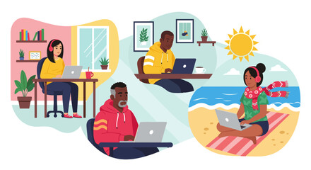 Diverse individuals work remotely from home offices and a beach, illustrating modern work flexibility, work-life balance, and adaptable lifestyles.