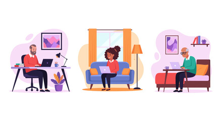 Diverse people working remotely from home on laptops, illustrating modern flexible work arrangements and digital lifestyle. Concepts of productivity and comfort.