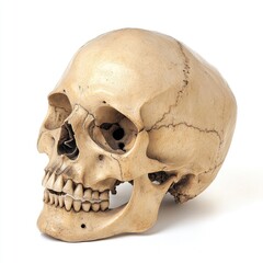 Detailed profile view of a human skull against a plain white background.  The skull shows sutures, eye sockets, nasal cavity, and teeth