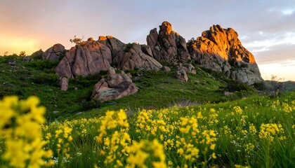 Sunset illuminates rocky outcrop, wildflowers in foreground