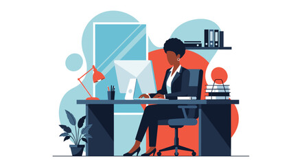 Professional African American businesswoman working at her desk with a computer in a modern office, embodying productivity, career, and corporate success.