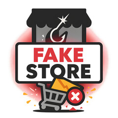 Flat design illustration of fake online store warning sign with cart and cross, representing e-commerce scam, fraud detection, and cybersecurity awareness graphics.  
