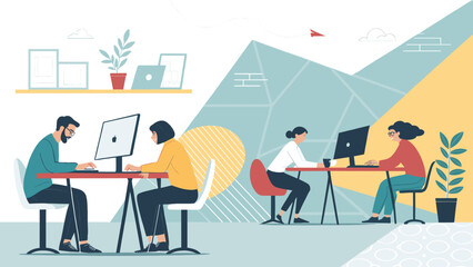 Professionals collaborating in a modern office environment, utilizing technology for productivity and teamwork. Ideal for business and lifestyle concepts.