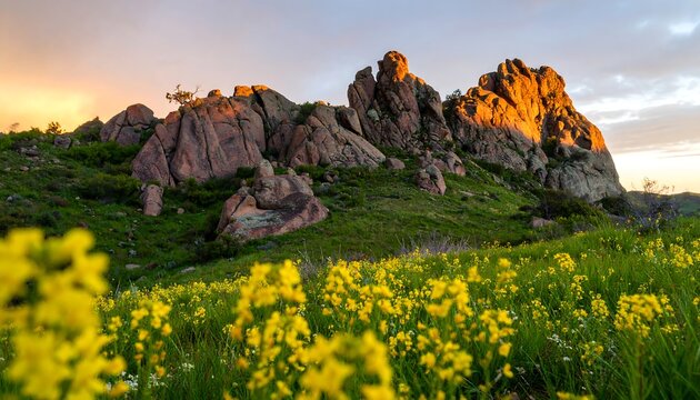 Sunset illuminates rocky outcrop, wildflowers in foreground