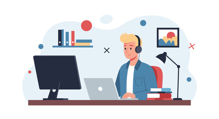 Young man working remotely at a desk with a laptop and monitor, wearing headphones. Ideal for concepts of online education, remote work, or tech support.