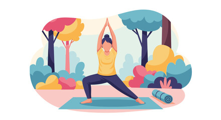 Fototapeta premium Woman practices yoga in a serene park setting, fostering balance, wellness, and a healthy lifestyle. Ideal for fitness, mindfulness, and outdoor activity themes.