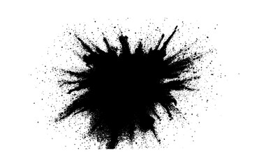 A dramatic burst of fine black powder exploding outward on a clean white background. Abstract ink-splash effect with scattered particles and dynamic energy.