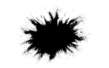 A dramatic burst of fine black powder exploding outward on a clean white background. Abstract ink-splash effect with scattered particles and dynamic energy.
