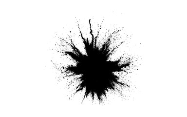 A dramatic burst of fine black powder exploding outward on a clean white background. Abstract ink-splash effect with scattered particles and dynamic energy.