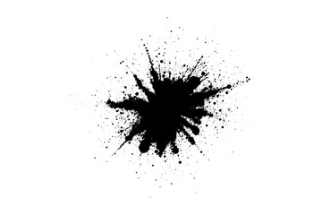 A dramatic burst of fine black powder exploding outward on a clean white background. Abstract ink-splash effect with scattered particles and dynamic energy.