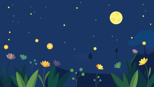 Magical moonlit meadow scene with glowing fireflies and starry night sky vector illustration