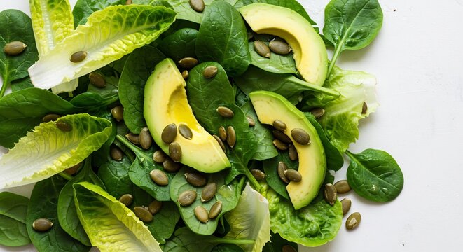 Salade verte saine avocat graines courge lumiere naturelle fraicheur vibrante. AI Generated