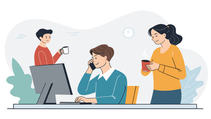 Fototapeta premium Diverse team collaborating and communicating in a modern office, showcasing productivity, calls, and coffee breaks in a dynamic workspace.