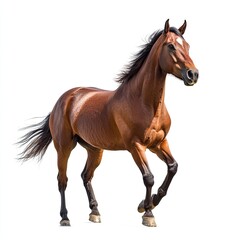 Obraz premium Full shot of a brown horse in motion against white background