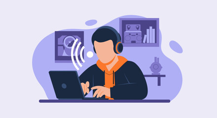 Focused person in headphones using laptop for work, study, or entertainment. Illustrates digital learning, remote work, online communication, and modern lifestyle.