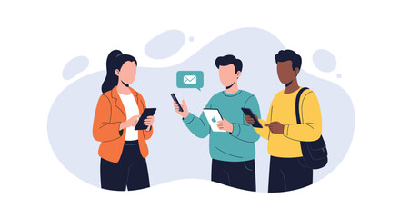 Diverse people connect using smartphones and a tablet, illustrating modern digital communication, social networking, and technology for business or lifestyle interaction.