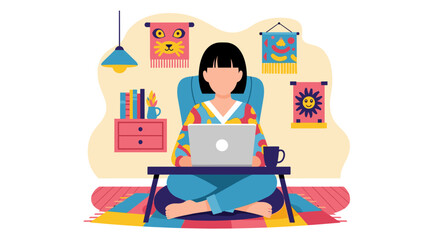 Woman using laptop for remote work or creative projects in a colorful, cozy home office. Represents modern lifestyle, productivity, and flexible work.