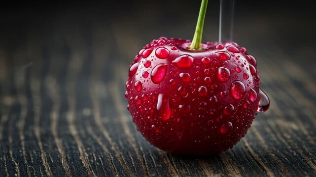 A single cherry with water droplets on a dark wooden surface close up shot food