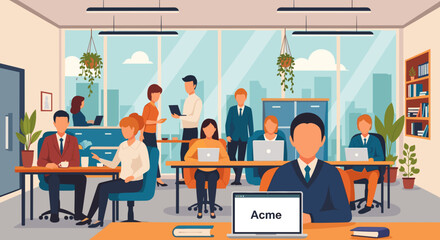 Diverse team working diligently in a modern open-plan office, fostering collaboration and productivity. Business professionals focused on tasks in a corporate environment.