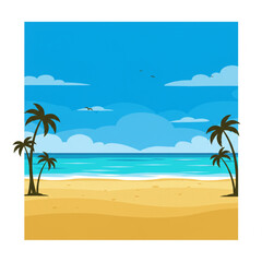 Obraz premium Beach landscape with palm trees, ocean, and blue sky background illustration