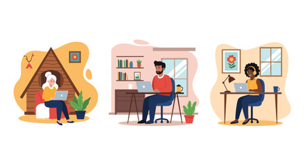 Diverse people comfortably working remotely from home, illustrating modern flexible work, freelancing, and digital nomad lifestyles. Focus on productivity and connectivity.