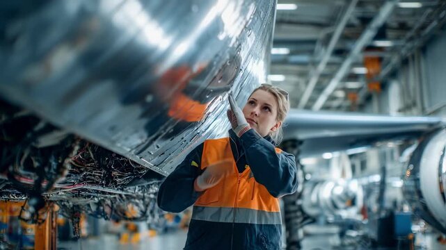 Aviation maintenance professional working under the wing of a commercial airplane checking hydraulic lines and electrical systems in a bright organized hangar environment.