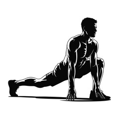 Black and white illustration of muscular person in deep lunge stretch pose, symbolizing strength, flexibility, and physical fitness training